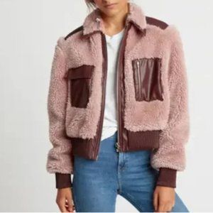 NEW Choosy Keara Teddy Bomber Jacket w/Faux Leather Trim